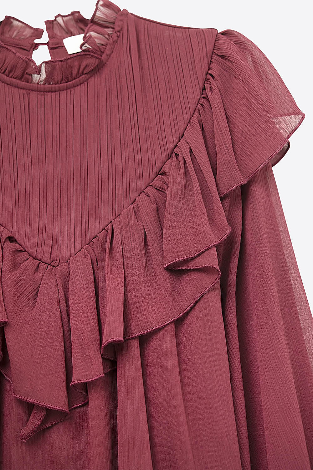 Romantic Burgundy Ruffled Long-Sleeve Blouse - Shirts