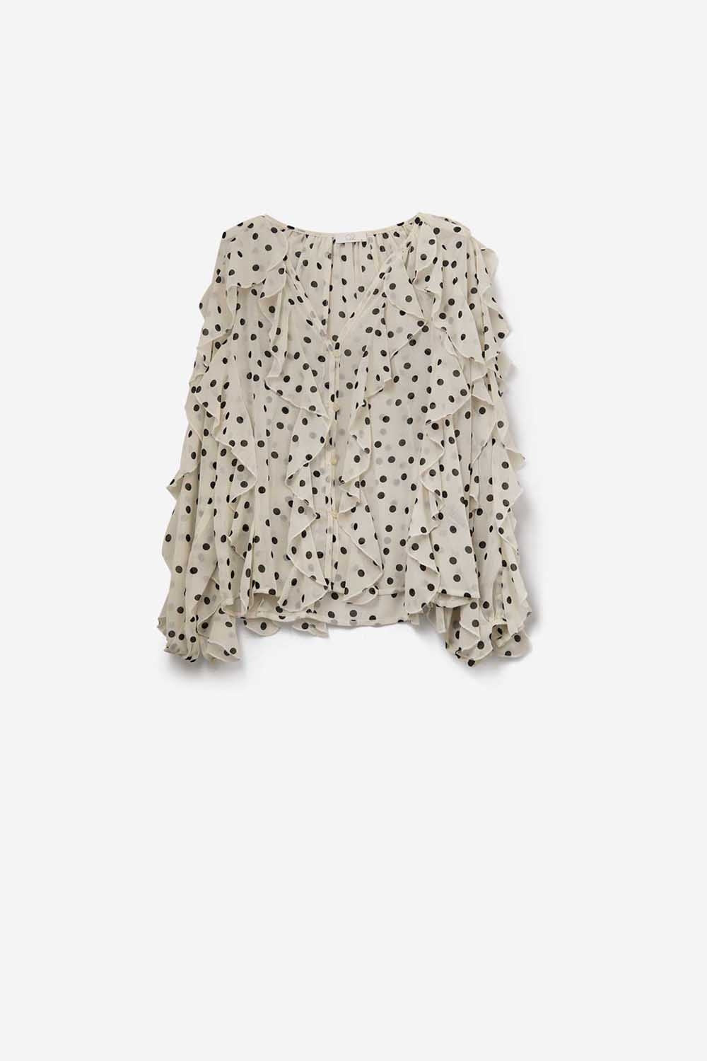 Polka Dot Button-Up chiffon Shirt with Ruffles - Shirts