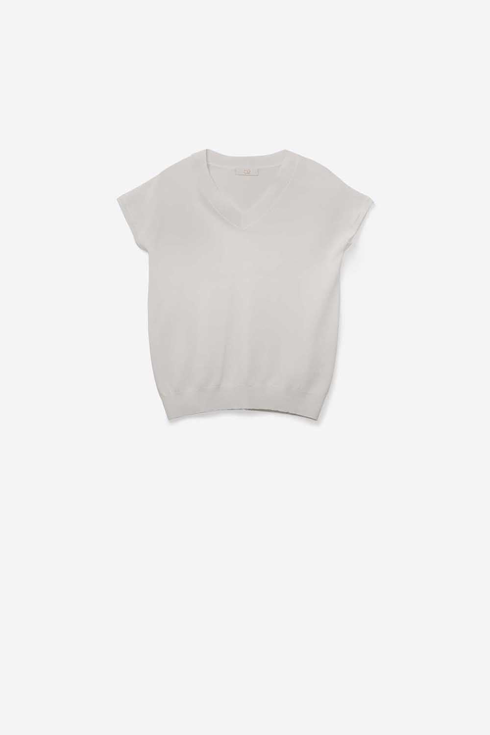 White lightweight knit V-neck sweater with short sleeves