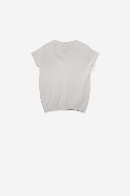 White lightweight knit V-neck sweater with short sleeves