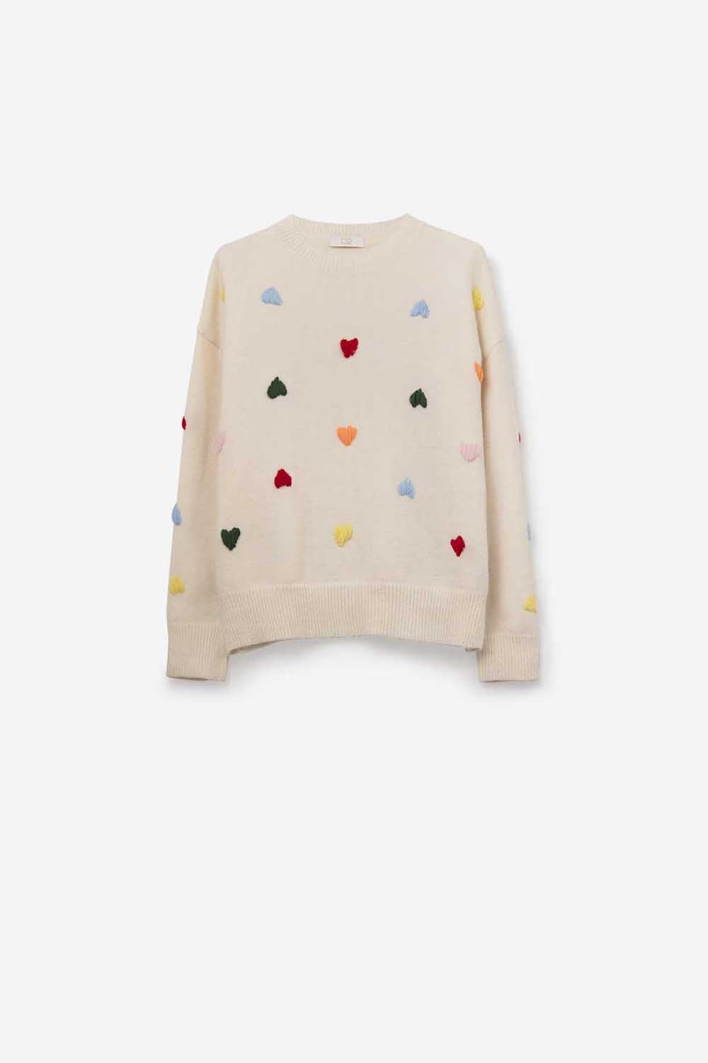 Cream Sweater With Multicolor Embroidered Hearts