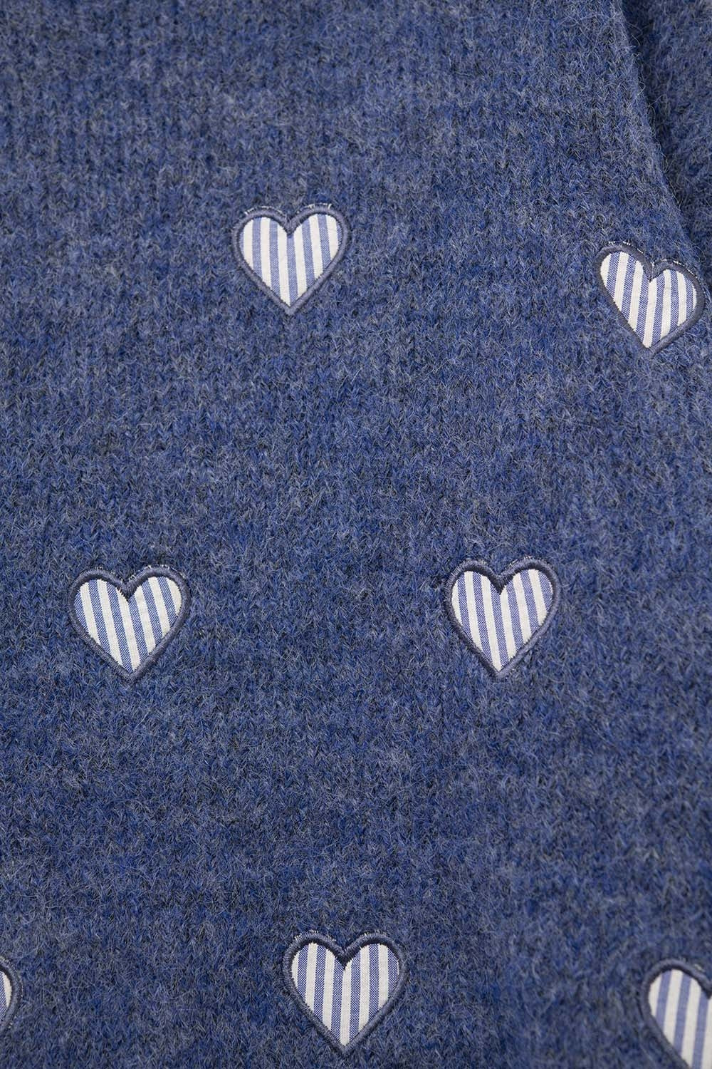 Blue Crew Neck Sweater With Striped Hearts