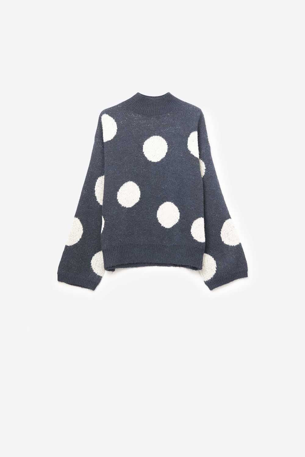 High-Neck Polka Dot Sweater With Bell Sleeves in navy - jumper