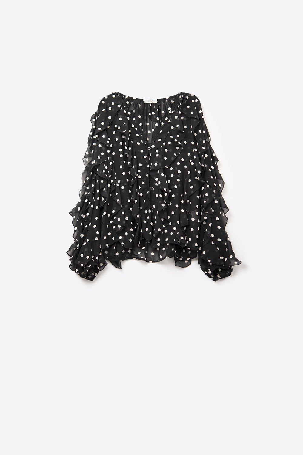 Ruffled Black Polka-Dot V-Neck Top in chiffon fabric - top