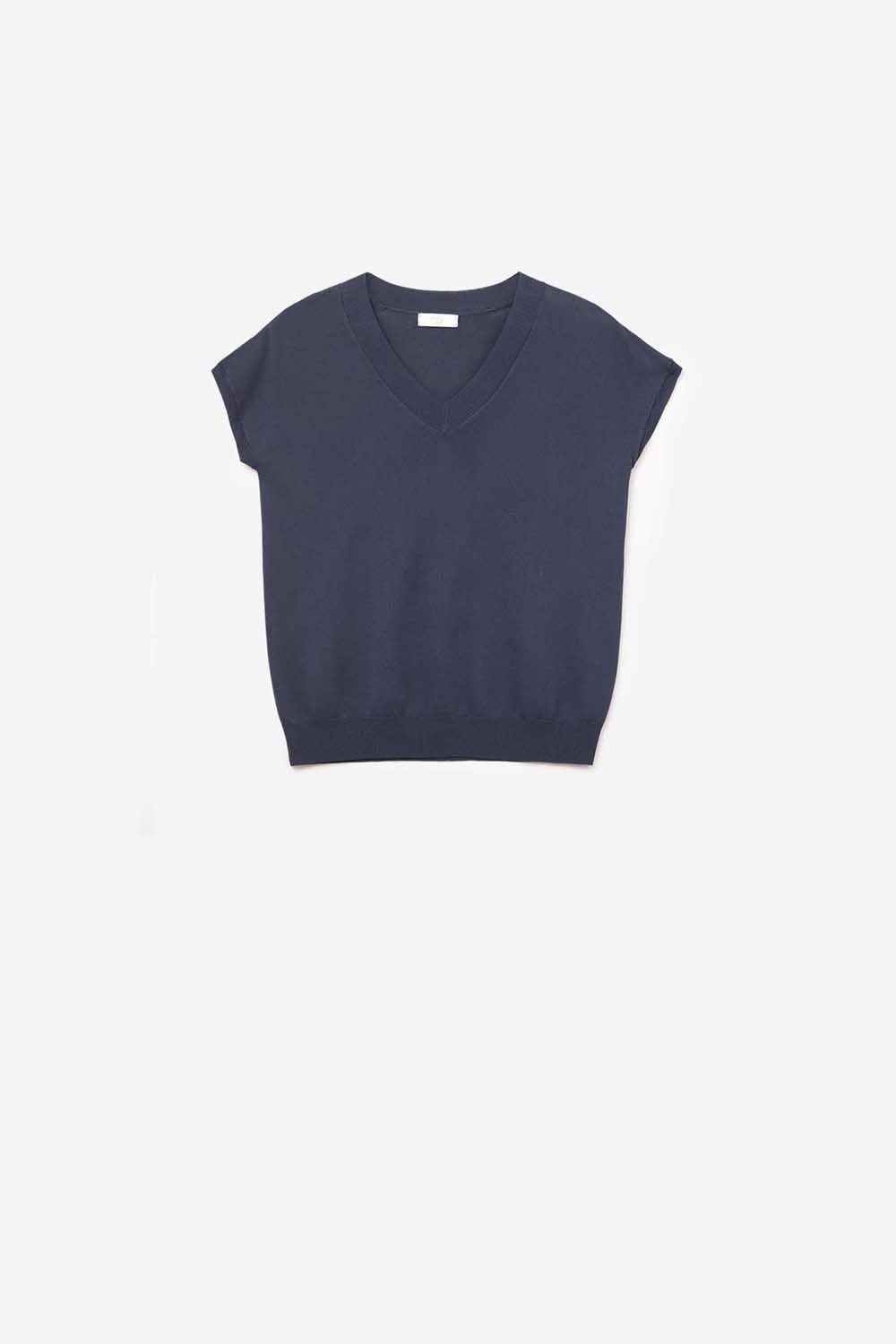 Navy lightweight knit V-neck sweater with short sleeves