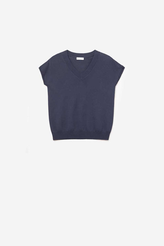 Navy lightweight knit V-neck sweater with short sleeves - Jumpers