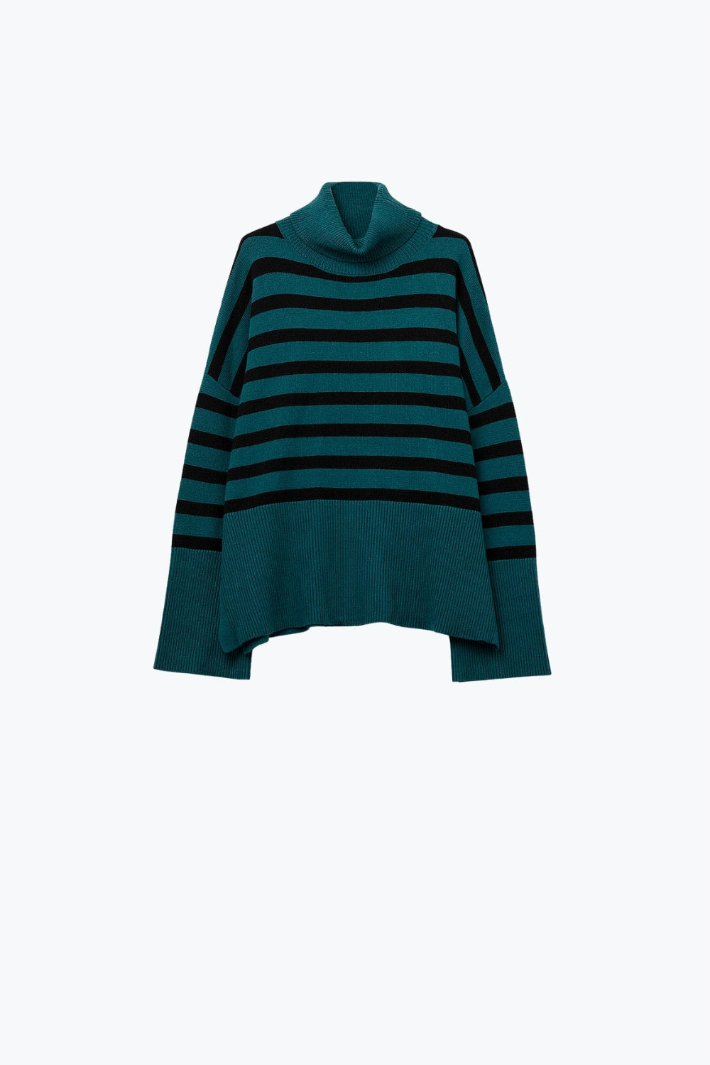 oversized turtleneck sweater with black stripes and splits on the side