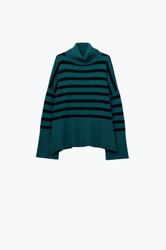 oversized turtleneck sweater with black stripes and splits on the side