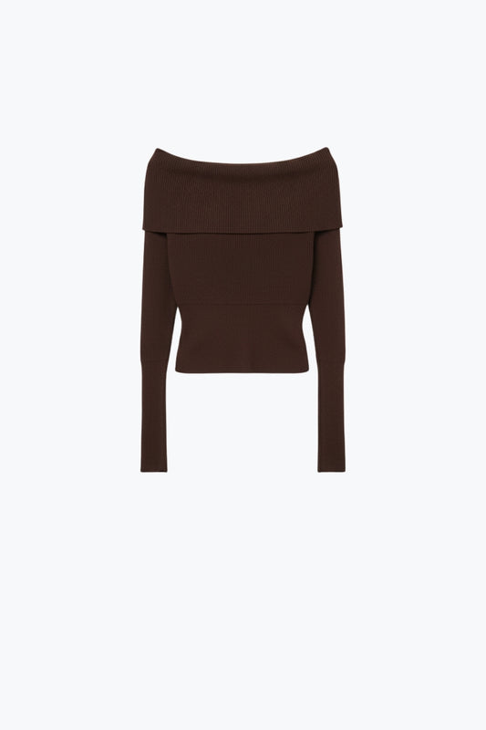 khaki fine ribbed knit sweater with wide boat neck