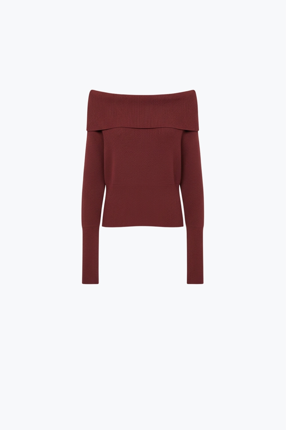 burgundy fine ribbed knit sweater with wide boat neck