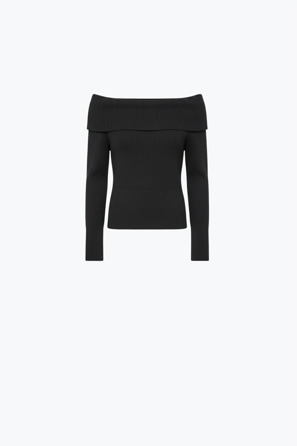 black fine ribbed knit sweater with wide boat neck