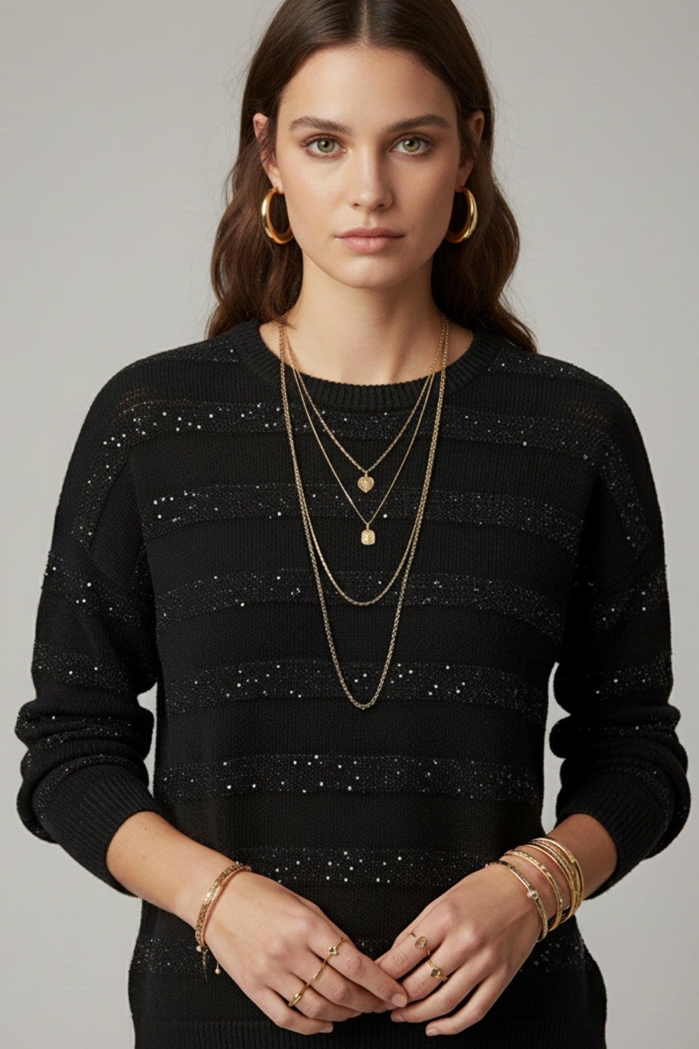 Black Striped Knit Sweater with Sequin Detail