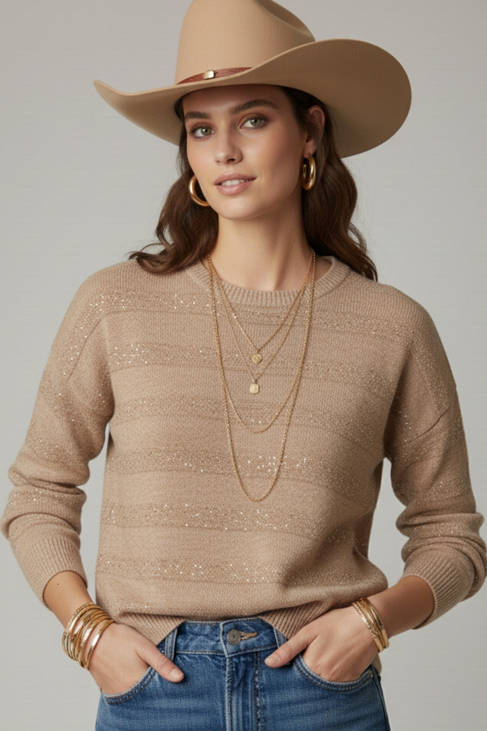 Beige Striped Knit Sweater with Sequin Detail