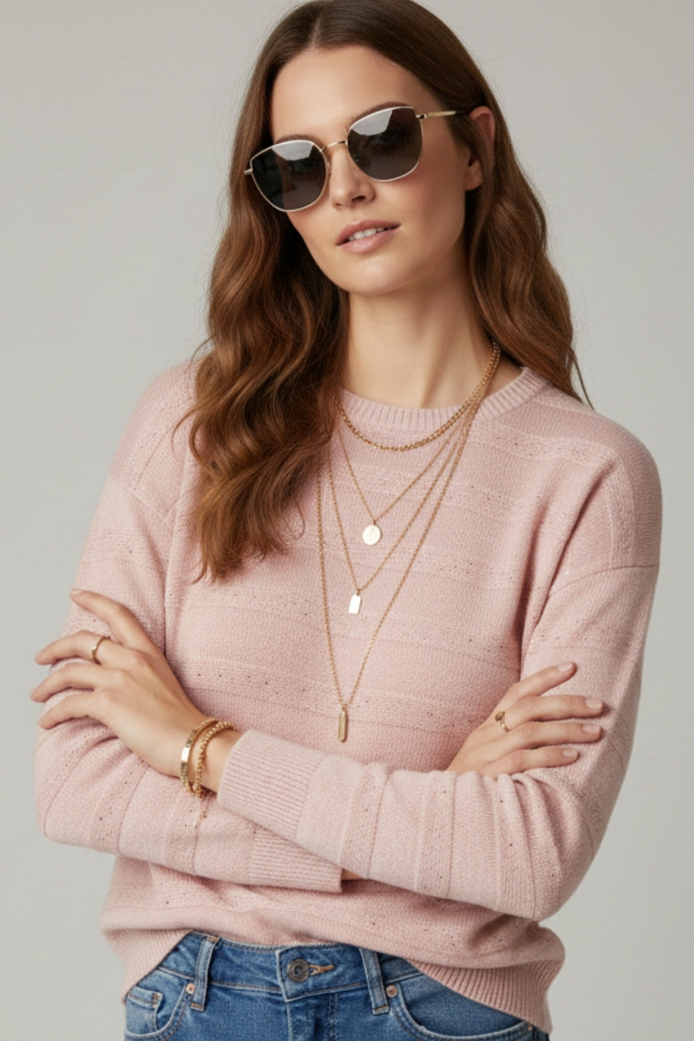 Pink Striped Knit Sweater with Sequin Detail
