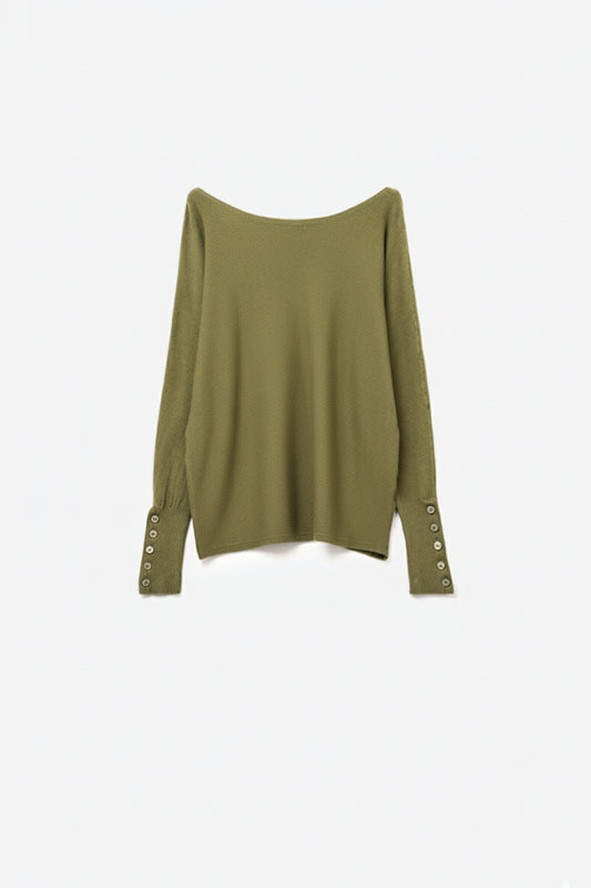 Soft knit olive green Sweater with sleeve button details