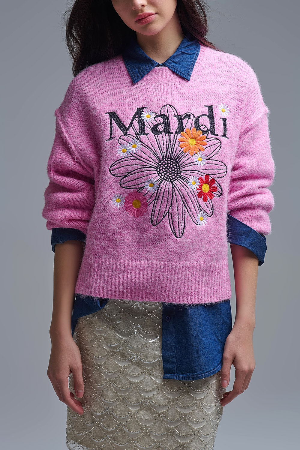 Pink Embroidered Mardi Sweater With Flowers - jumper