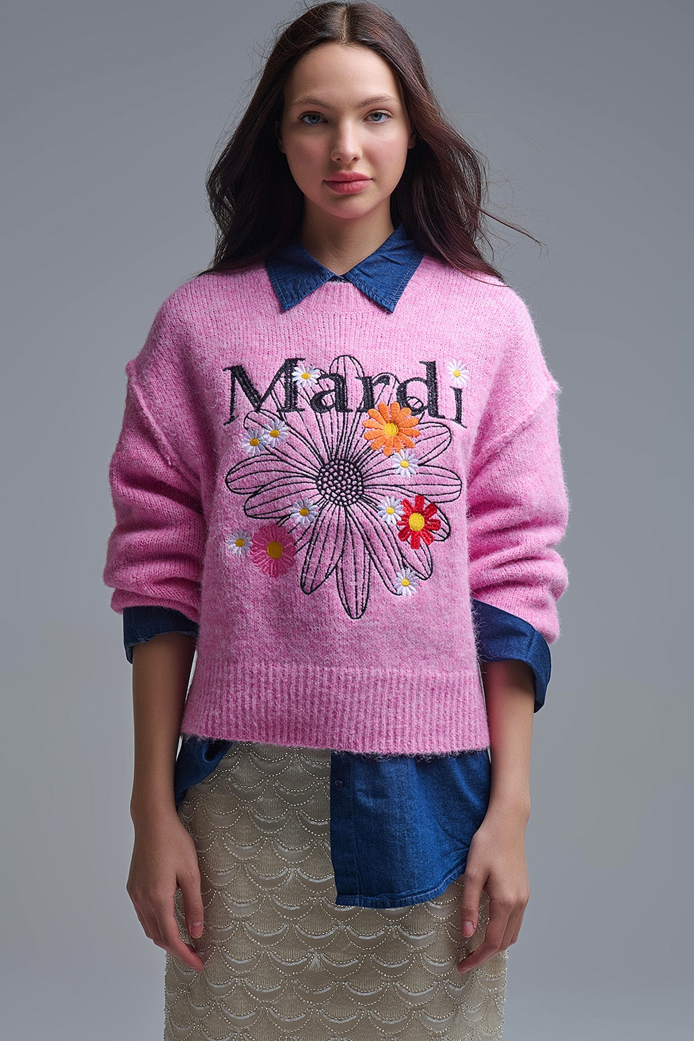 Pink Embroidered Mardi Sweater With Flowers - jumper