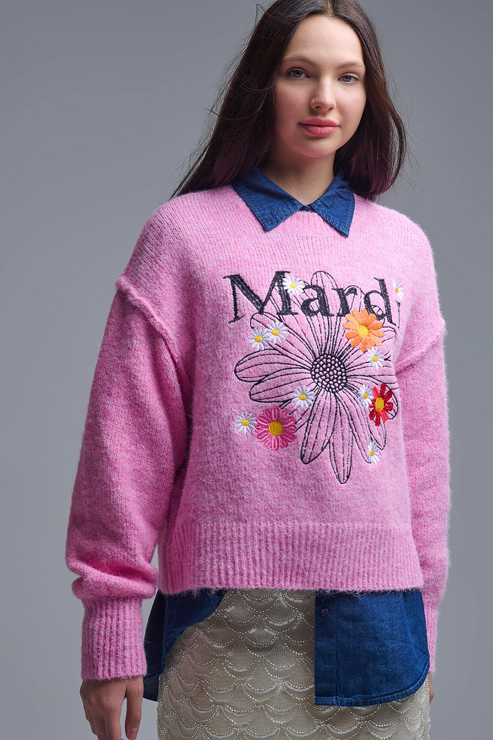 Pink Embroidered Mardi Sweater With Flowers - jumper