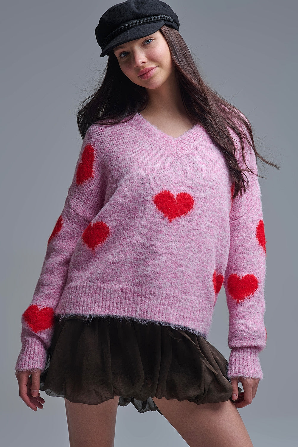 V-neck Long Sleeve Pink Sweater With Red Hearts - jumper