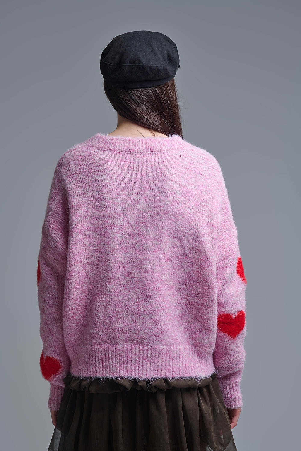 V-neck Long Sleeve Pink Sweater With Red Hearts - jumper