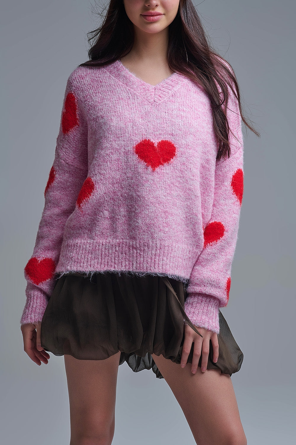 V-neck Long Sleeve Pink Sweater With Red Hearts - jumper