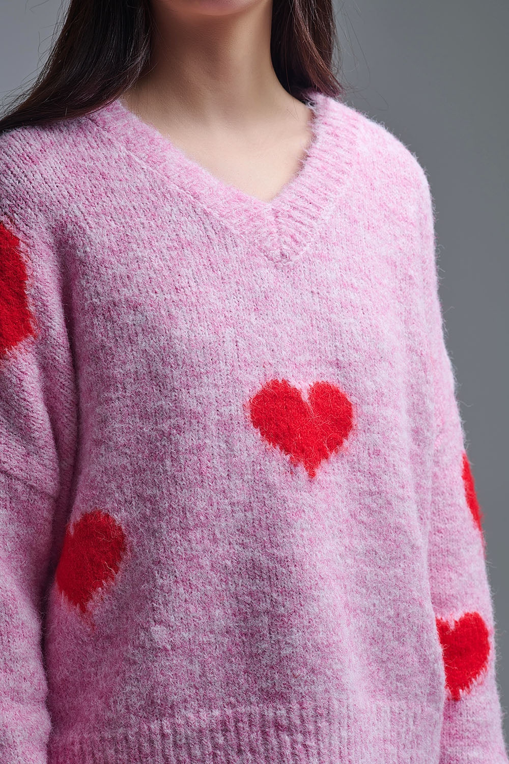 V-neck Long Sleeve Pink Sweater With Red Hearts - jumper