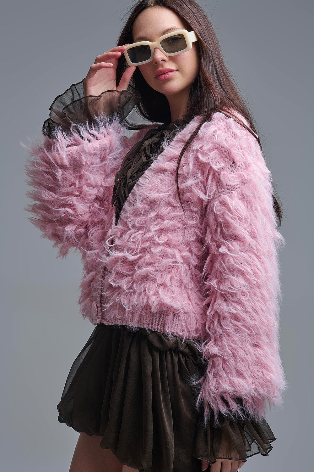 Chunky Shag Style Fluffy Knitted Cardigan in Pink