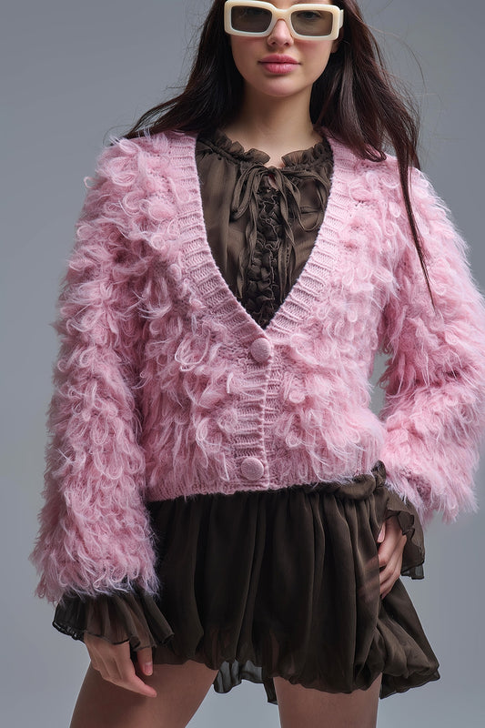 Chunky Shag Style Fluffy Knitted Cardigan in Pink