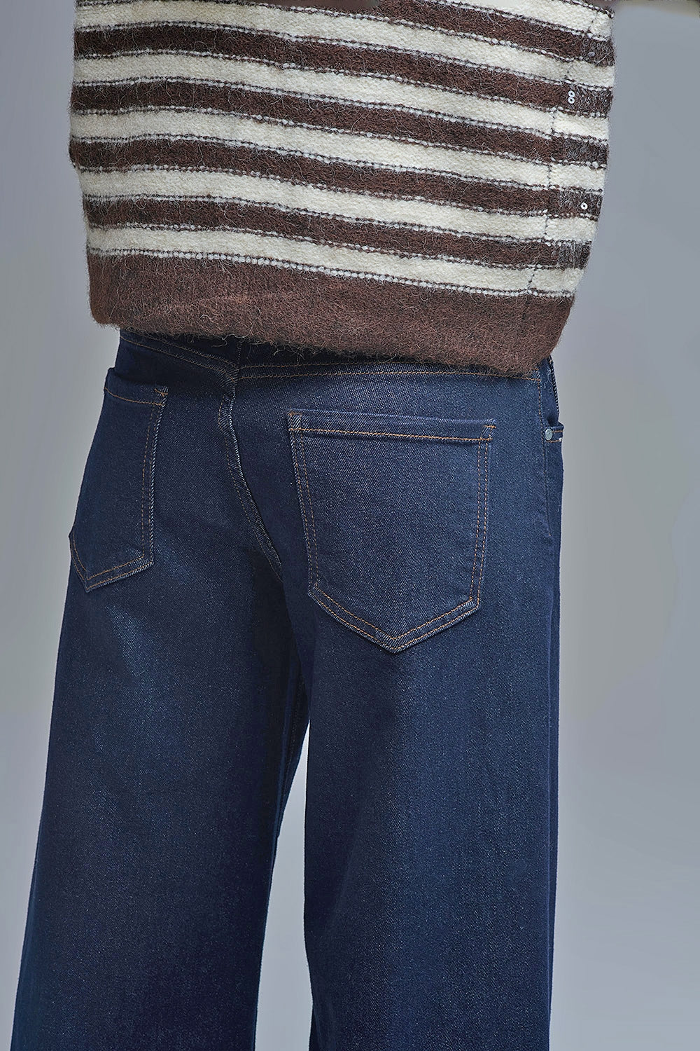Dark Wash Wide Leg Jeans With Contrasting Stitching - Denim