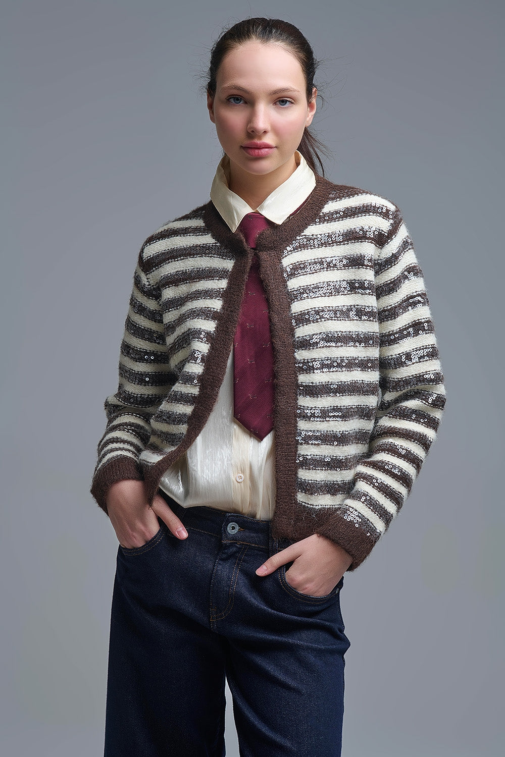 Sequin Detail Stripe Cardigan in Brown and Cream