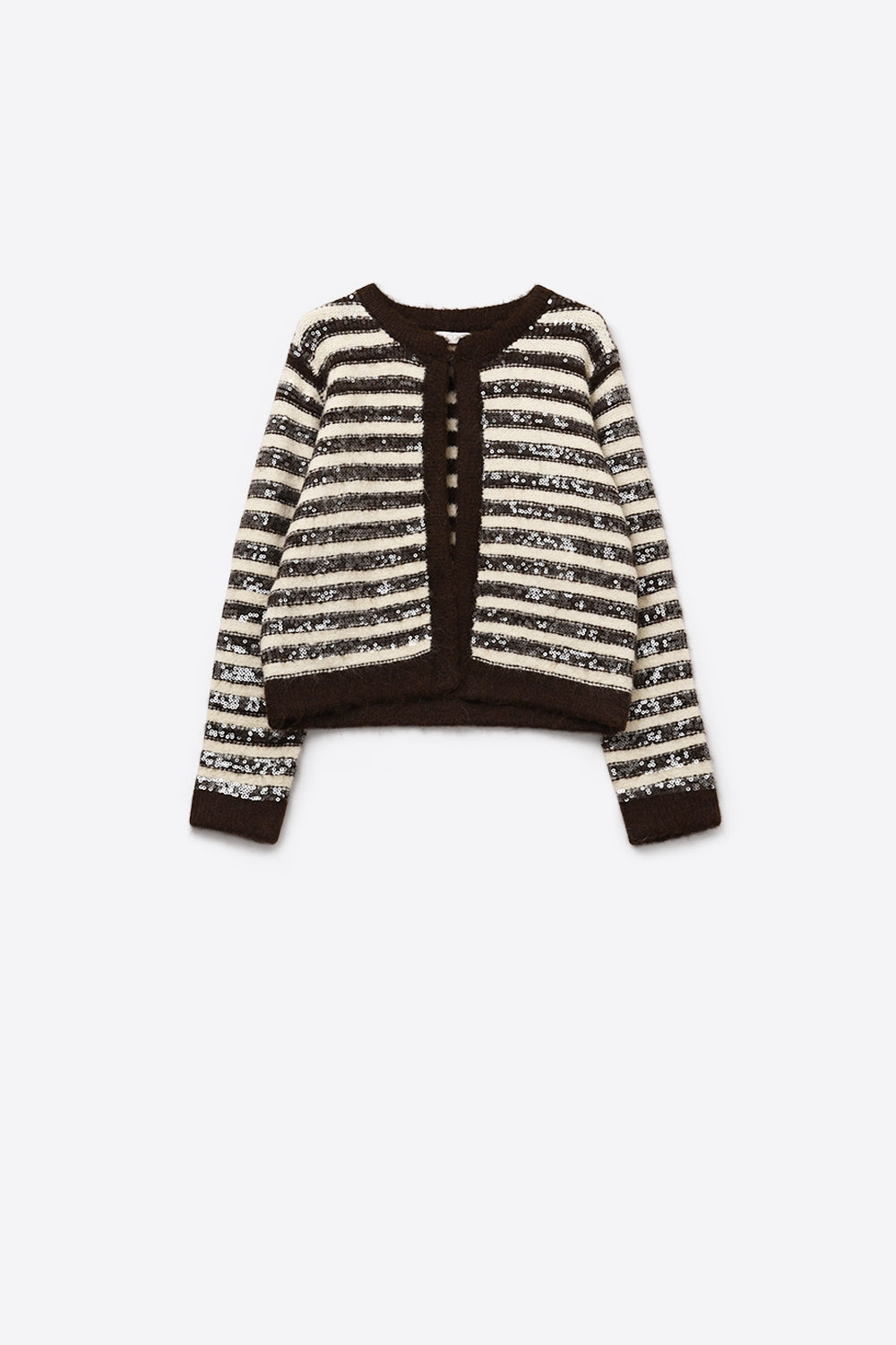 Sequin Detail Stripe Cardigan in Brown and Cream