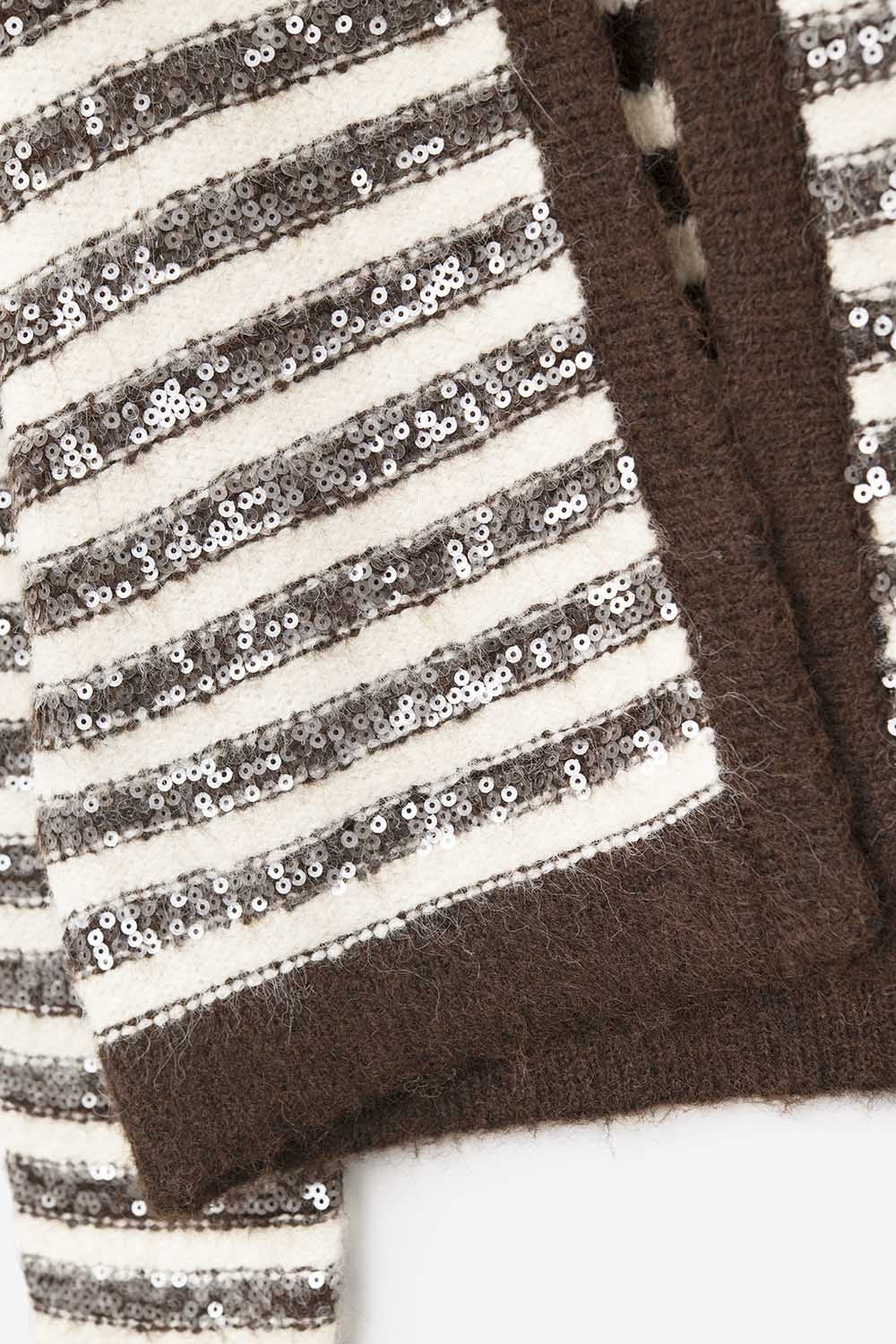 Sequin Detail Stripe Cardigan in Brown and Cream
