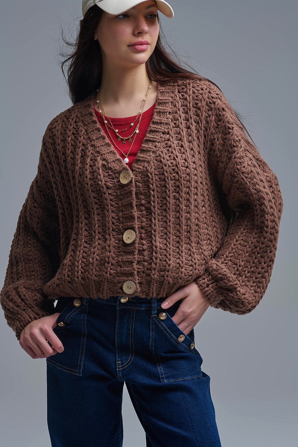 Open Knit Chunky Cardigan In Brown