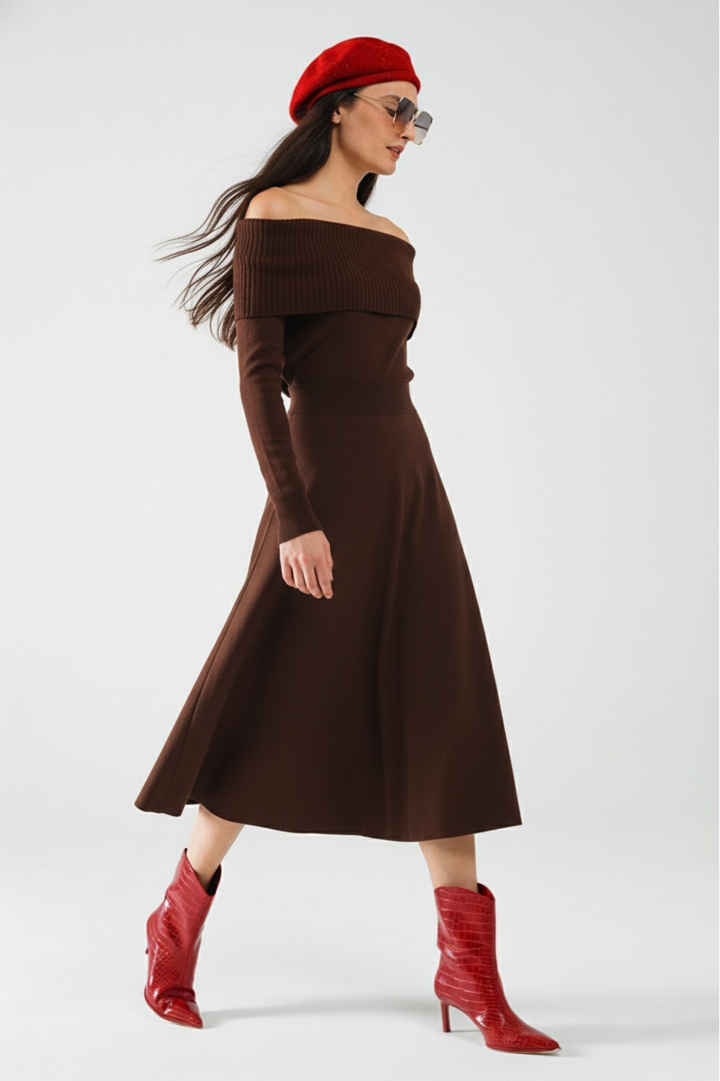 Maxi Knitted wide Bardot Dress in brown - dress, Dresses