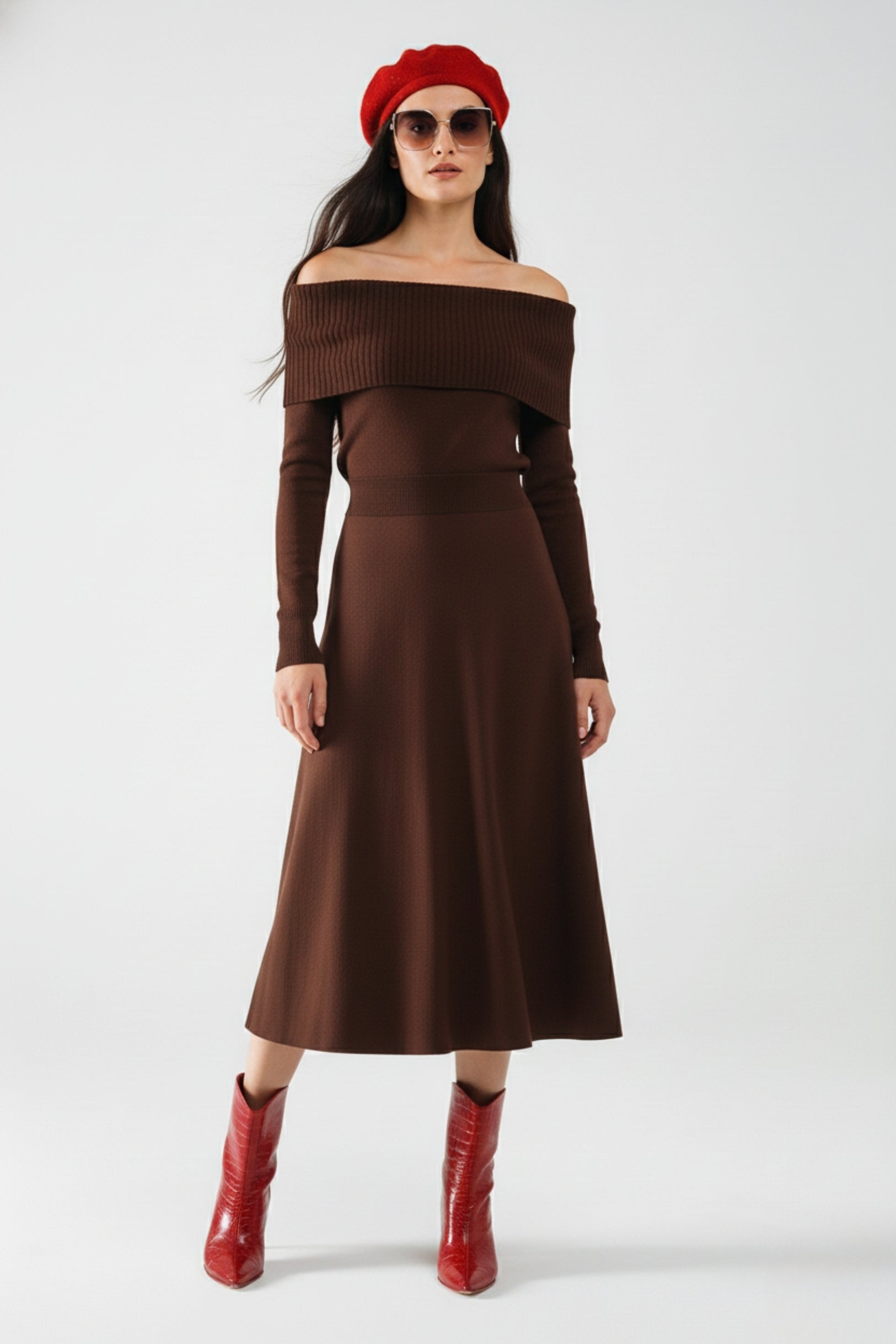 Maxi Knitted wide Bardot Dress in brown - dress, Dresses