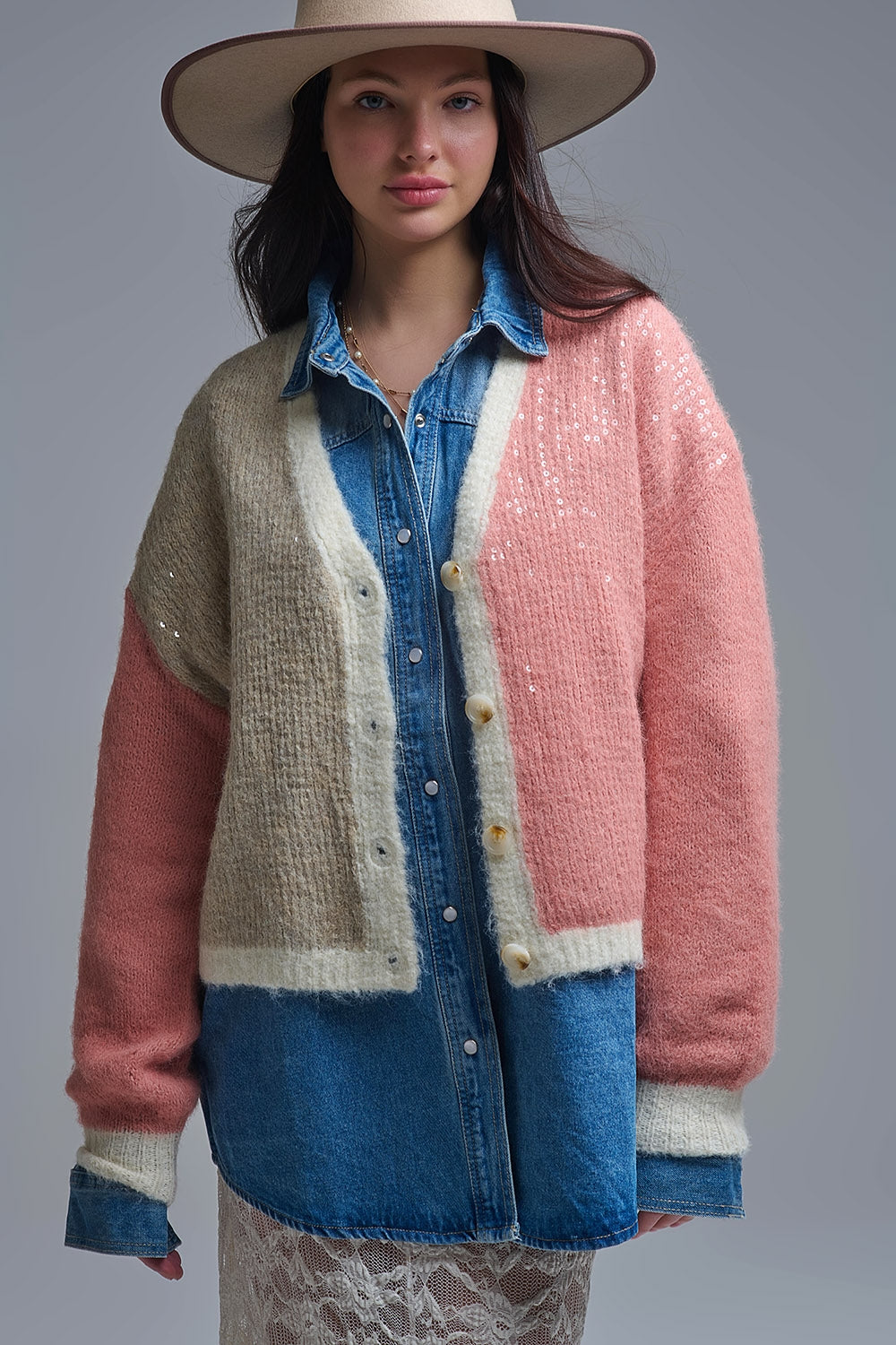 Color-block Sequin V-Neck Cardigan