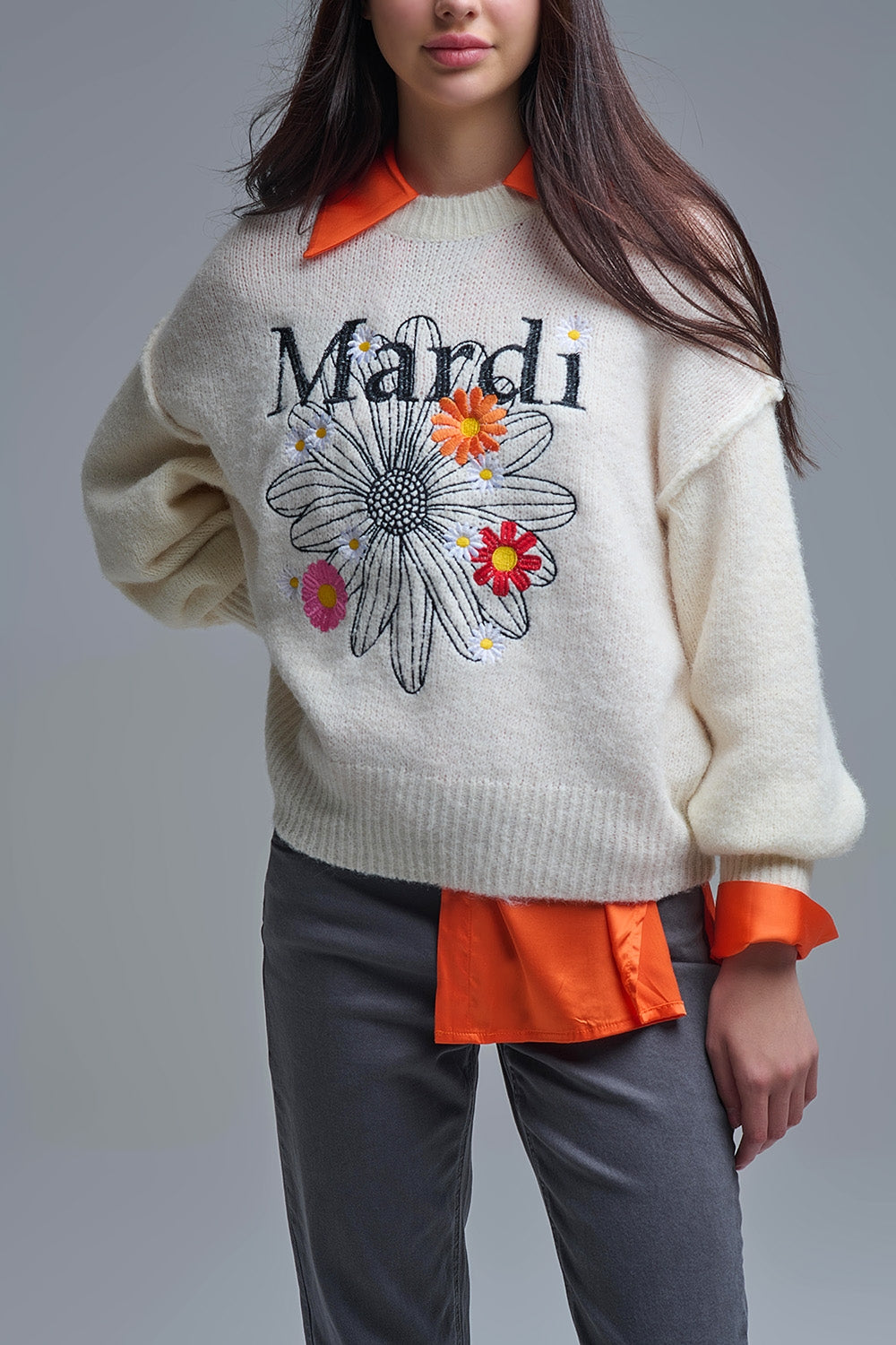 Cream Embroidered Mardi Sweater With Flowers - jumper