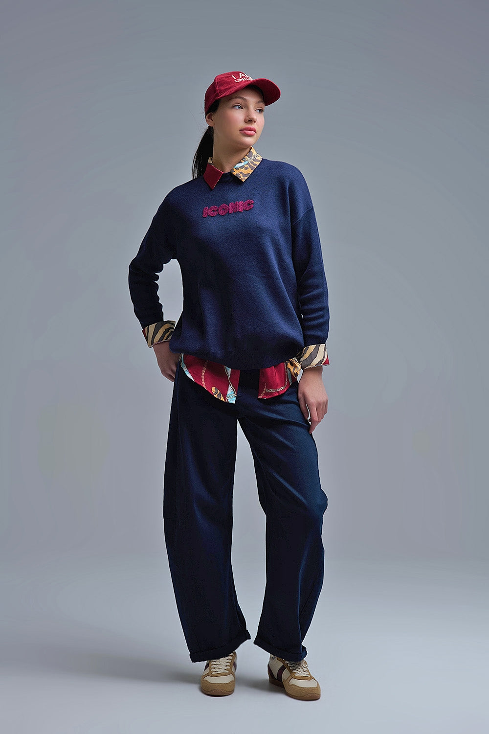 Embroidered ICONIC Sweater with Global Tour Back Print in Navy