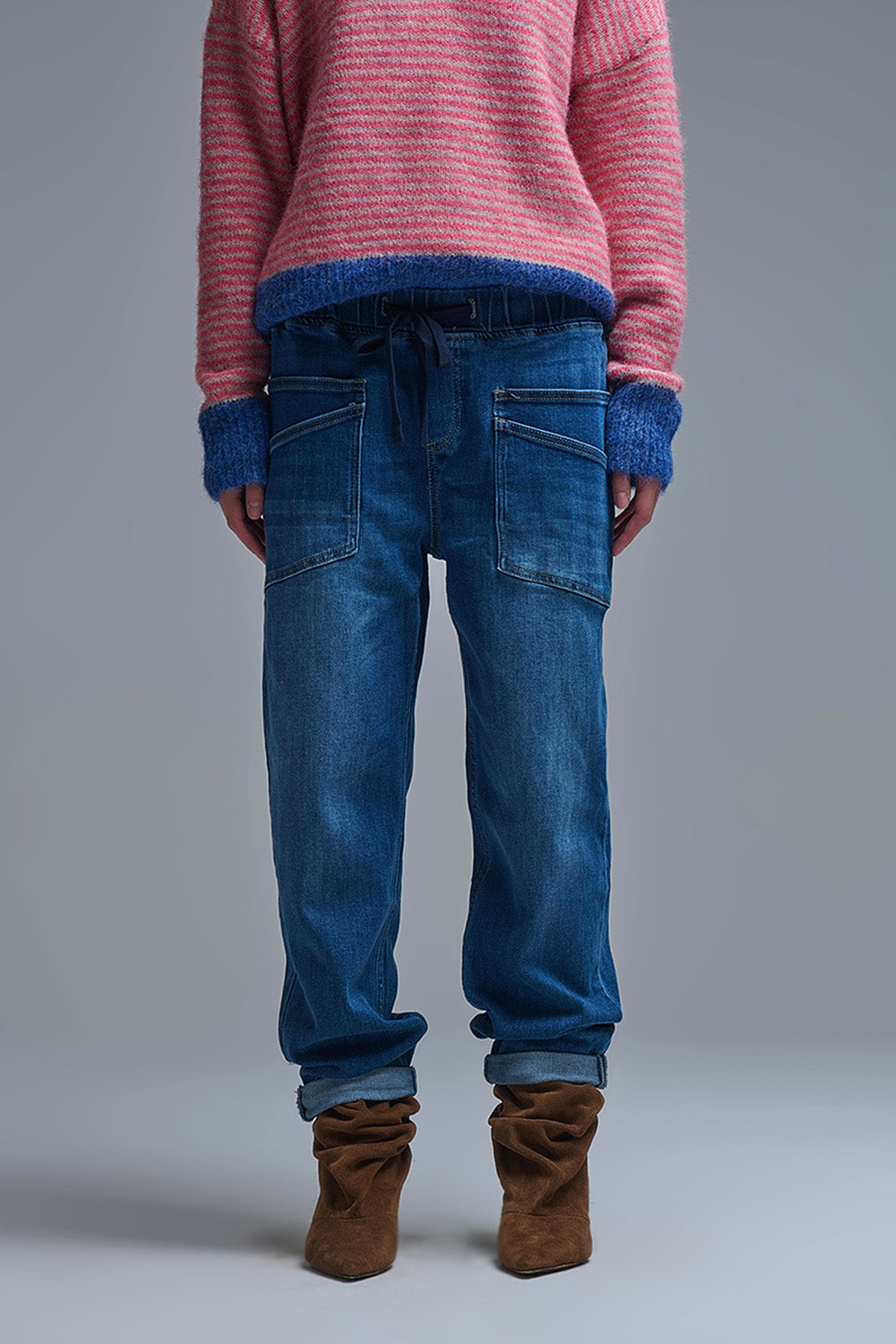 Relaxed fit Jeans with front pockets and a tie at the waist - Denim