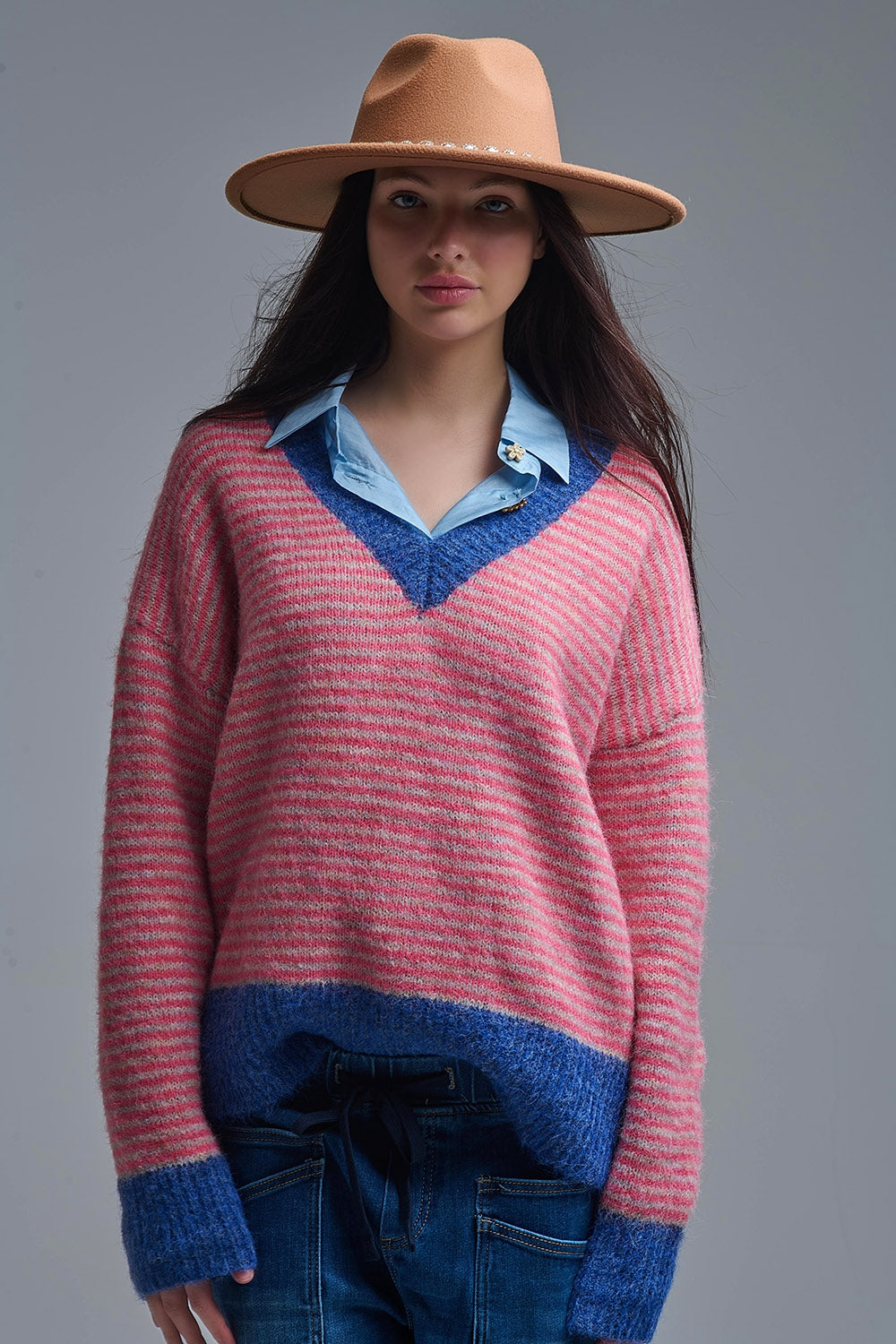 Fuchsia Striped Knit Sweater with Blue Details