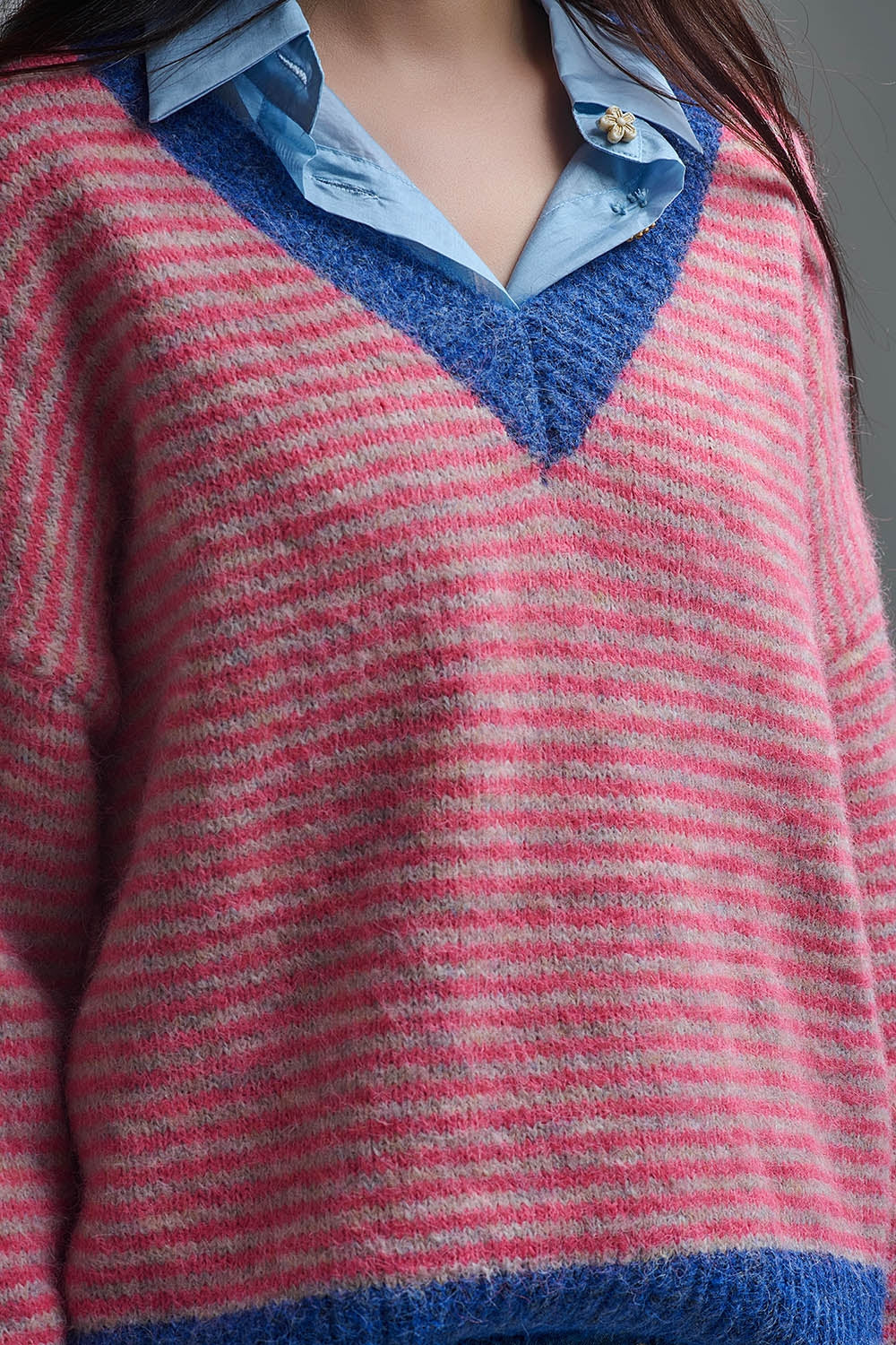 Fuchsia Striped Knit Sweater with Blue Details