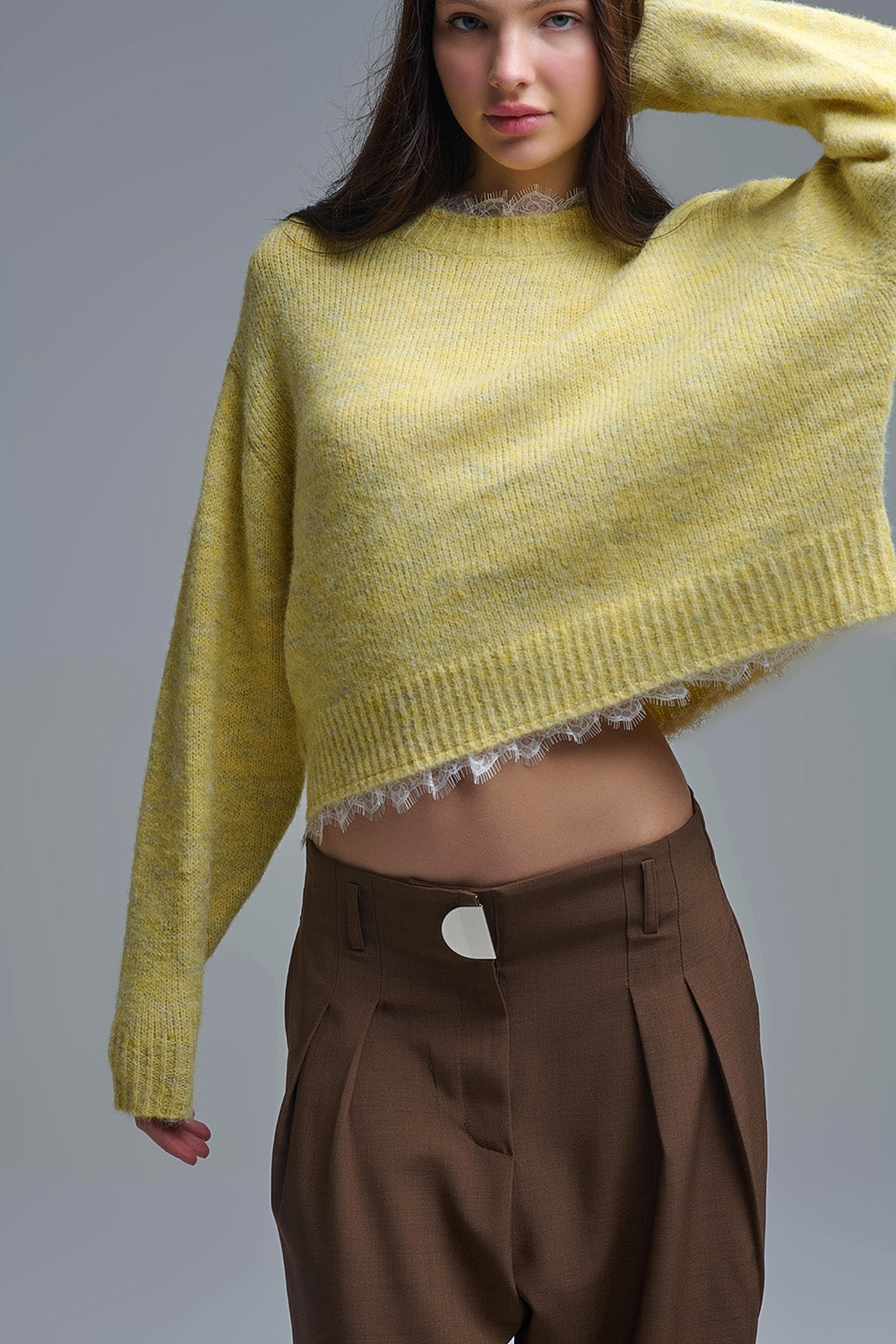 Lace Detail Relaxed Yellow Sweater - jumper