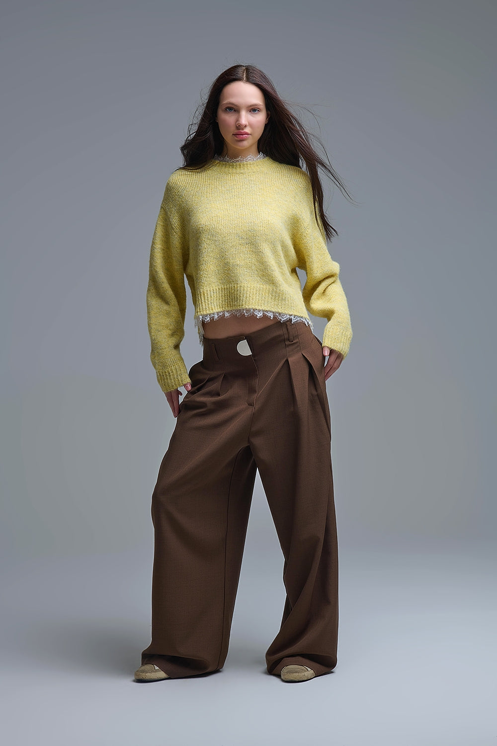 Lace Detail Relaxed Yellow Sweater - jumper