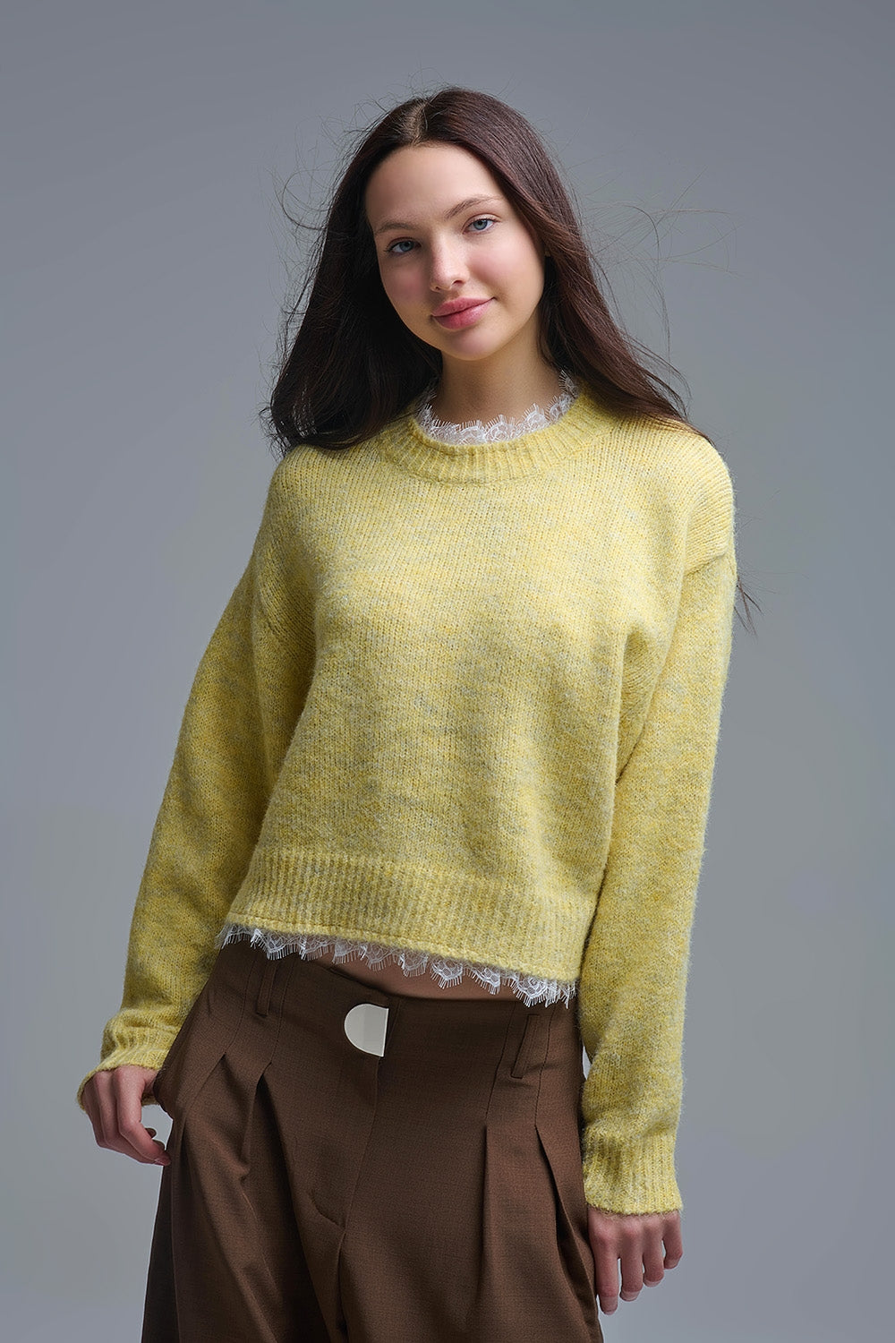 Lace Detail Relaxed Yellow Sweater - jumper