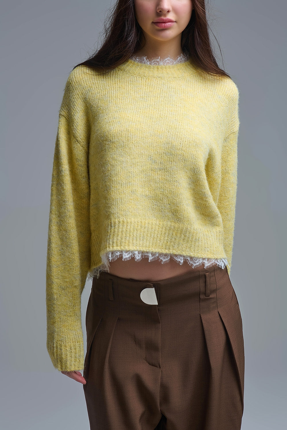 Lace Detail Relaxed Yellow Sweater - jumper