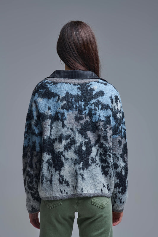 Stylish Gray Knit Cardigan with sequin Abstract Print