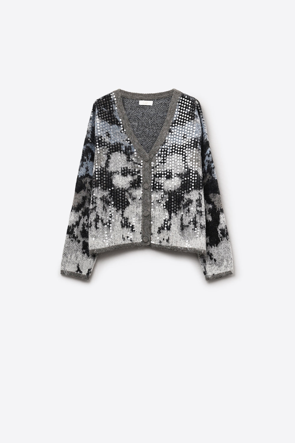 Stylish Gray Knit Cardigan with sequin Abstract Print