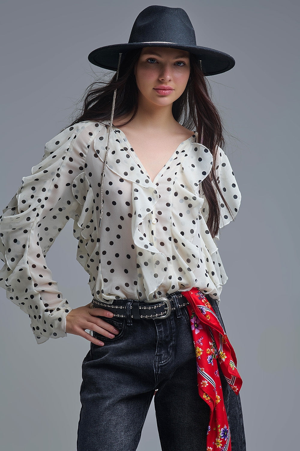 Polka Dot Button-Up chiffon Shirt with Ruffles - Shirts