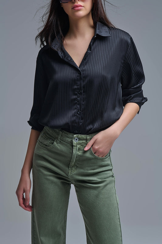 Elegant Black Striped Satin Shirt - Shirts