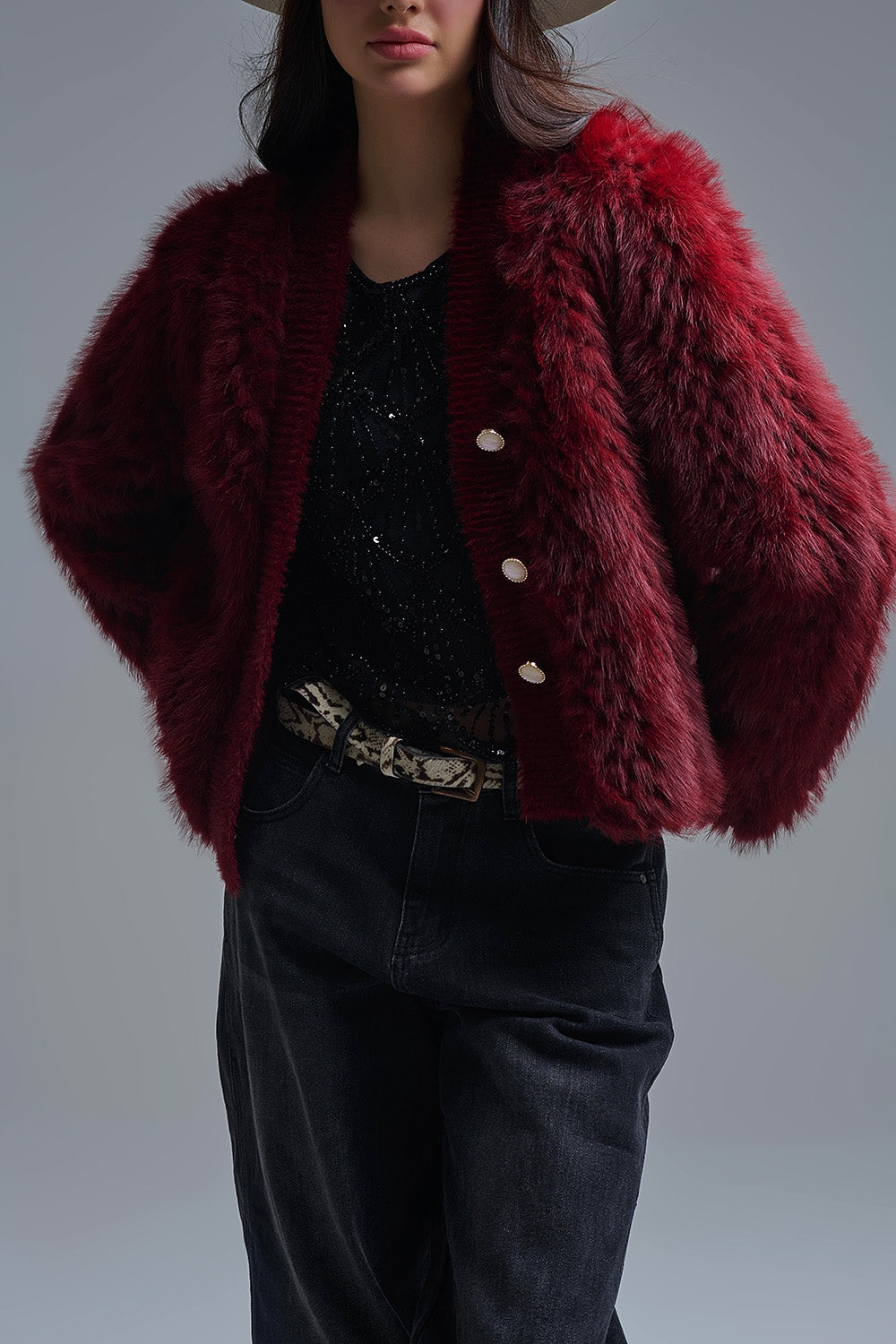 Cropped Jacket in burgundy in fine fur - blazer
